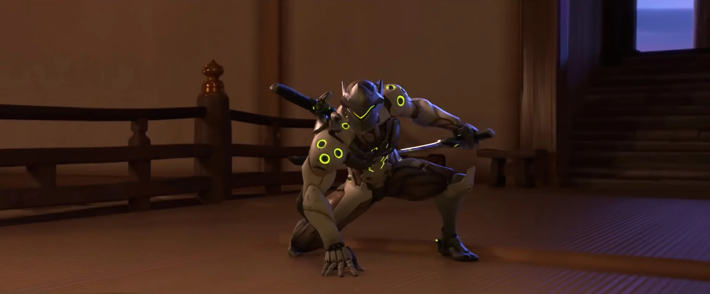 Frame from Overwatch: Dragons featuring Genji in a dim interior